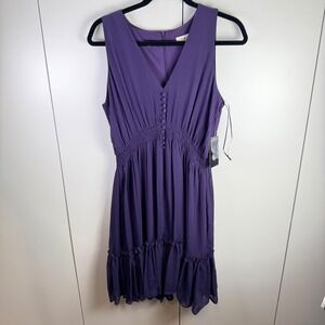 NWT Taylor Women 10 Purple‎ Smocked Button Ruffle Hem Dress Feminine Cottage